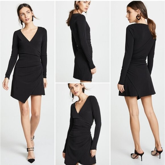 Cinq à Sept Coralie Mini Dress in Black Fitted Wrap Cinched Asymmetric V-neck Si - Picture 2 of 9